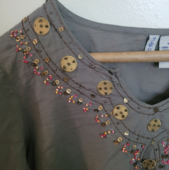 J. Gee Gray Bohemian Beaded Long Sleeve Blouse Size Extra Large - Picture 3 of 8